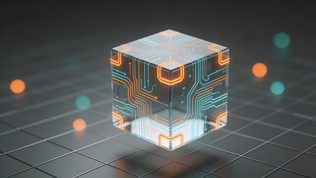 Transparent cube with glowing circuit patterns