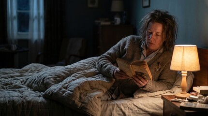 Obraz premium Exhausted older woman in worn clothing reading a vintage book while resting in bed in a dimly lit rustic room