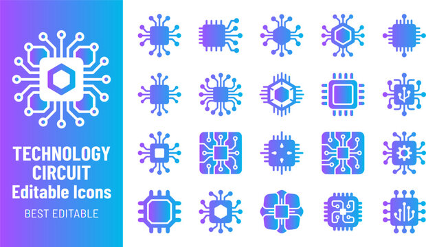 Technology circuit editable icons set blue purple gradient for computing and digital systems.