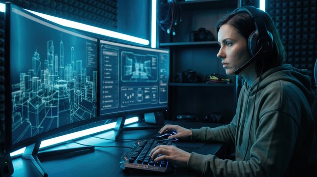 Focused young woman with a headset working late on a computer with dual monitors displaying a glowing 3d city model