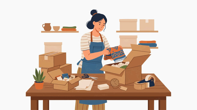 Woman packing items into cardboard boxes for shipping or moving, organized workspace with supplies vector