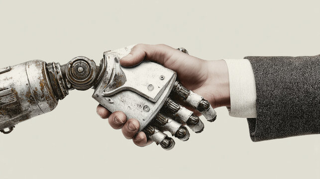 Human and AI partnership handshake in modern business concept collage