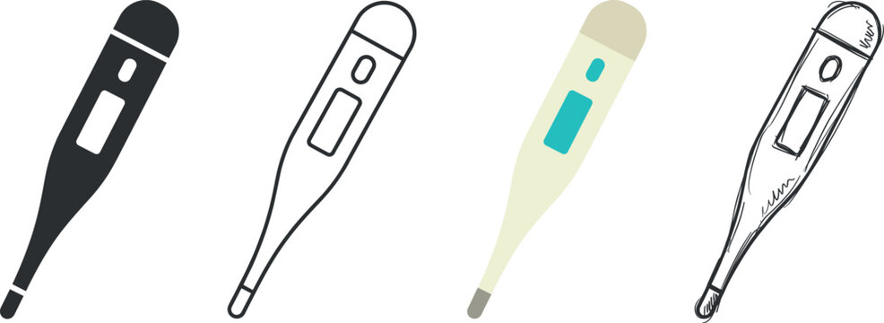 Set of digital thermometers in different styles, flat, line, color and sketch icons vector illustration on transparent background