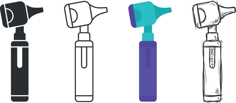 Set of otoscope icons in different styles, medical diagnostic tool for ear examination vector illustration on transparent background