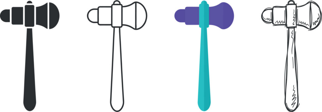 Set of medical reflex hammers, neurological percussion tools in different styles vector illustration on transparent background