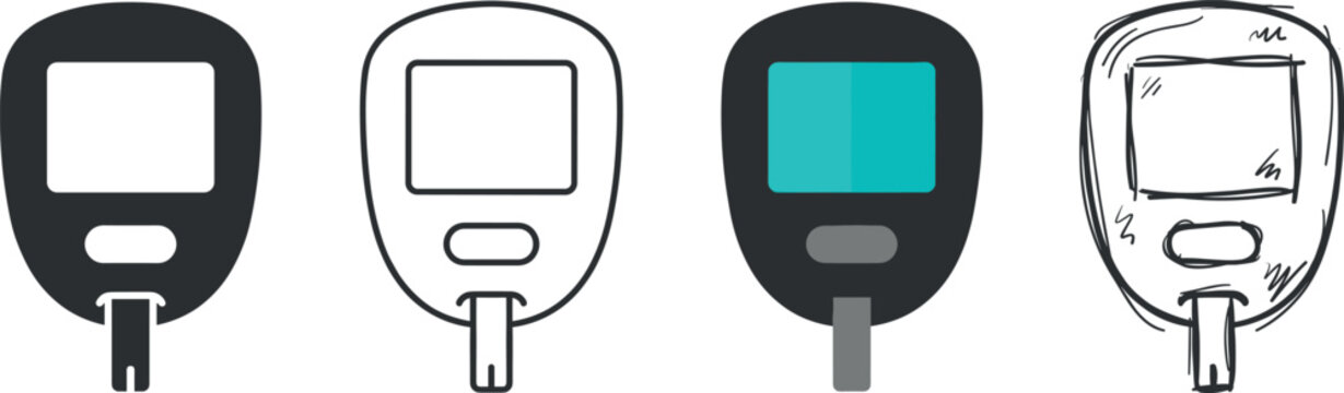 Set of four different styles of blood glucose meter icons for diabetes monitoring vector illustration on transparent background
