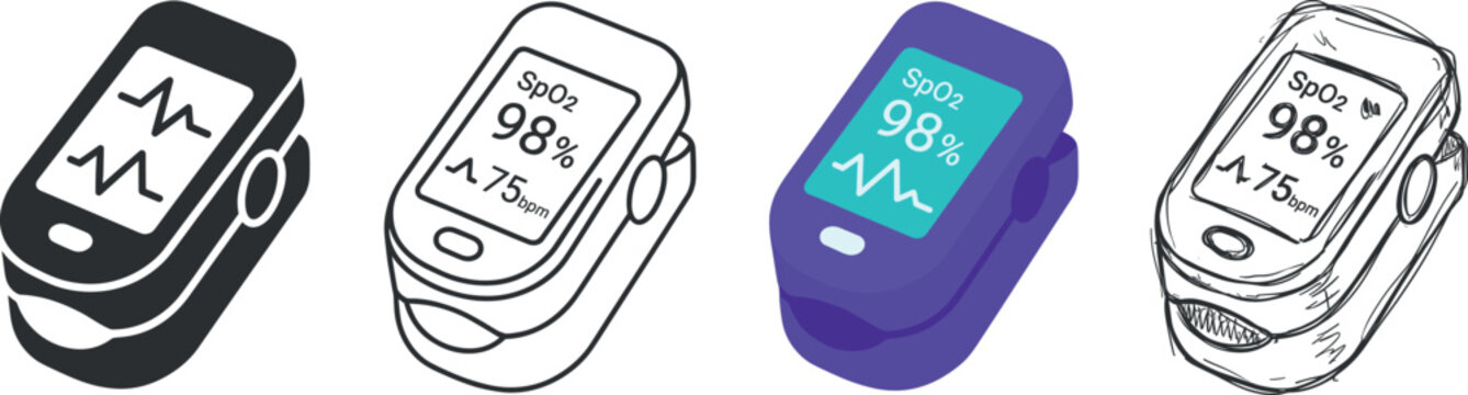 Set of pulse oximeter icons, medical device for measuring blood oxygen saturation and heart rate vector illustration on transparent background