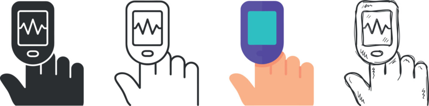 Set of pulse oximeter icons, medical device for measuring blood oxygen saturation and heart rate on a finger vector illustration on transparent background