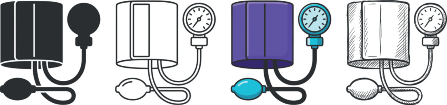 Set of blood pressure monitors, sphygmomanometer icons in different styles vector illustration on transparent background