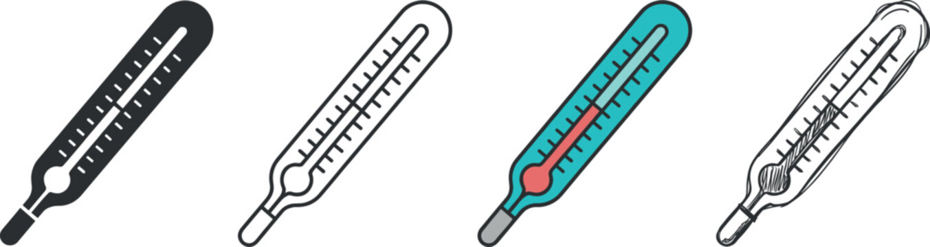 Four distinct medical thermometer styles presented as a professional flat vector illustration set for healthcare diagnostics on transparent background