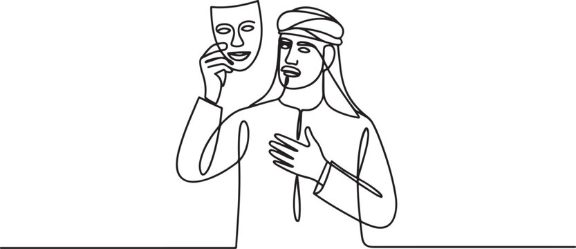Drawing of arab man putting mask into self reflection concept of impostor syndrome. one line art icon drawing vector