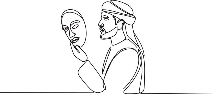 Drawing of arab man putting mask into self reflection concept of impostor syndrome. one line art icon drawing vector