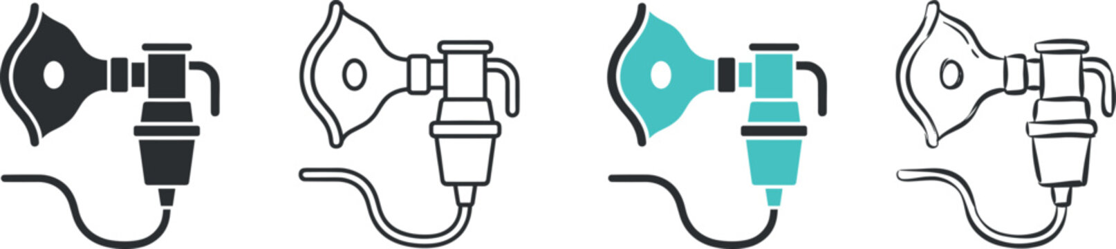 Four styles of medical nebulizer mask icons for respiratory therapy treatment depicted as a clean flat vector illustration on transparent background