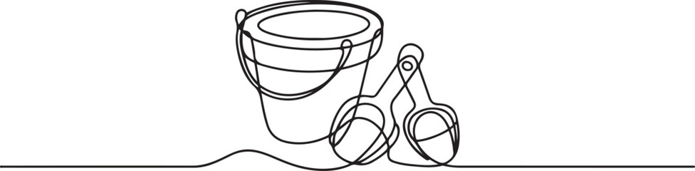 Minimalist Line Drawing of Beach Toy Set with Pail and Scoops for Summer Play. one line art icon drawing vector © MDABBAS
