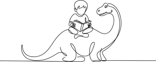 Single one line drawing young boy reading book on cute brontosaurus. Serious reading about the existence of dinosaurs. one line art icon drawing vector © MDABBAS