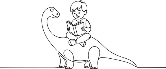 Single one line drawing young boy reading book on cute brontosaurus. Serious reading about the existence of dinosaurs. one line art icon drawing vector © MDABBAS