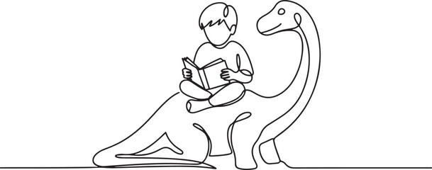 Single one line drawing young boy reading book on cute brontosaurus. Serious reading about the existence of dinosaurs. one line art icon drawing vector © MDABBAS
