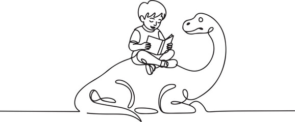 Single one line drawing young boy reading book on cute brontosaurus. Serious reading about the existence of dinosaurs. one line art icon drawing vector © MDABBAS