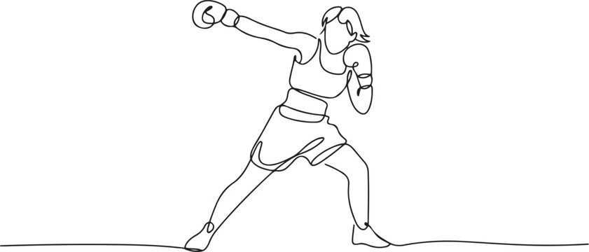 Single continuous line drawing of young agile woman boxer launch powerful uppercut punch. Fair combative sport concept. one line art icon drawing vector