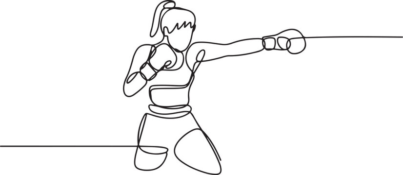 Single continuous line drawing of young agile woman boxer launch powerful uppercut punch. Fair combative sport concept. one line art icon drawing vector