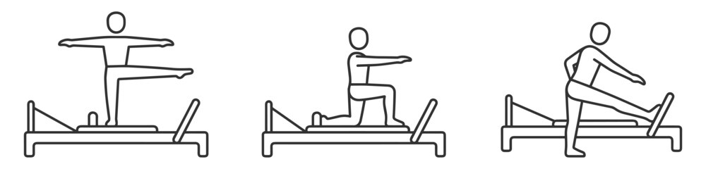Fototapeta premium pilates reformer machine workout exercises with person outline line icons on transparent background