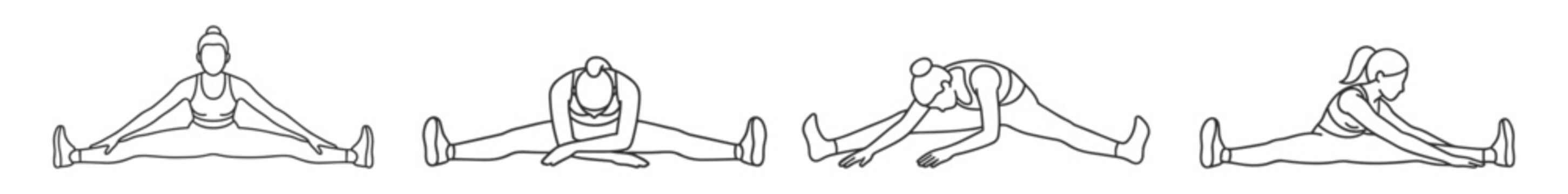 woman performing seated straddle stretch exercise line art illustration on transparent background
