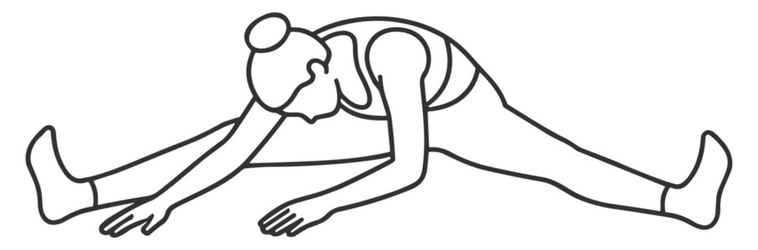 line illustration of woman stretching legs in straddle position fitness exercise on transparent background