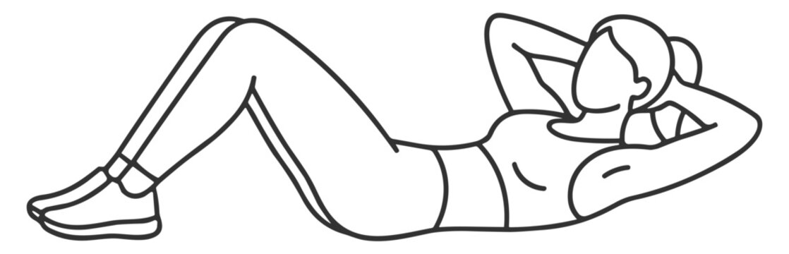 woman exercising doing abdominal crunches line art fitness illustration on transparent background
