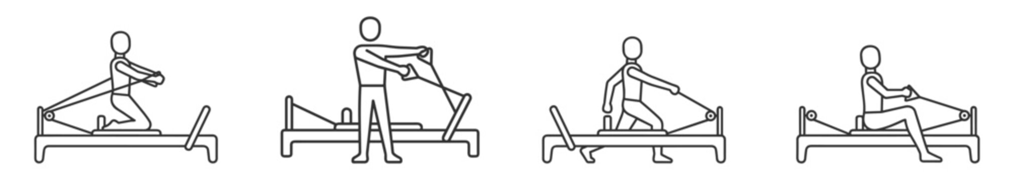 pilates reformer exercise equipment with human figures performing different workout poses vector illustration on transparent background