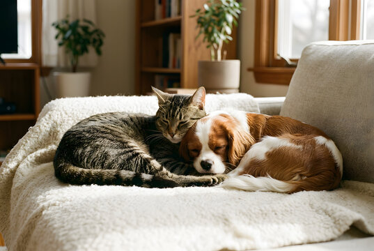Cute dog and cat sleeping together on sofa in sunlit living room at home.