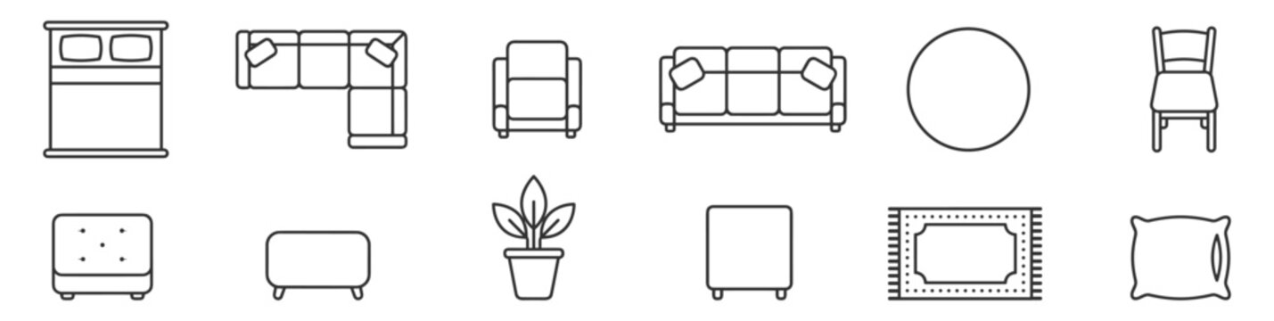 furniture and home decor icons set including bed sofa chair armchair table plant pillow carpet ottoman on transparent background