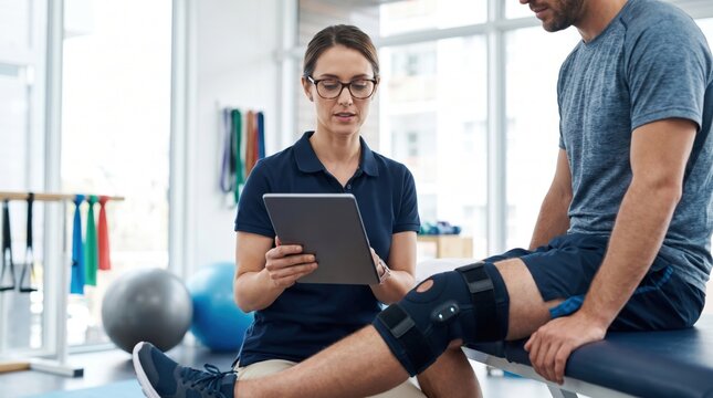 Female physiotherapist using a digital tablet while treating a male patient wearing a smart knee brace