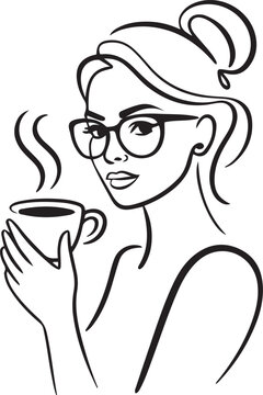 Hipster woman with coffee. Linear glamour logo in minimal concept for coffee shop. one line art icon drawing vector