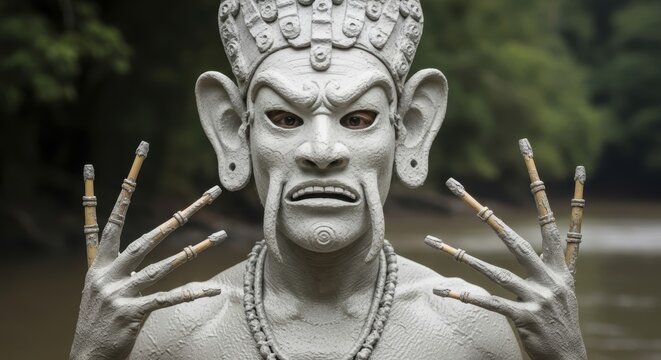 Portrait of an adult Asaro mudman, Papua New Guinea, aggressive and threatening expression, body covered in pale gray mud