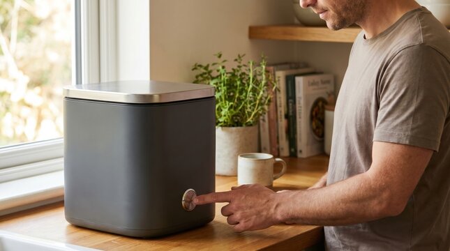 Man pressing the power button on a modern sleek electric food waste composter on a kitchen counter