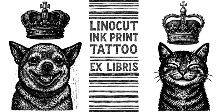 Dog, cat, tattoo, print, linocut stamp, ex libris, ink