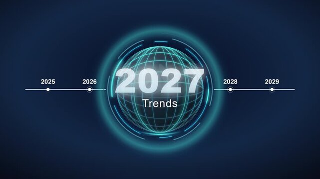Animation of a holographic 3D globe with a timeline highlighting the year 2027 and the word Trends. Concept of futuristic data analysis, global forecasting, and technological innovation