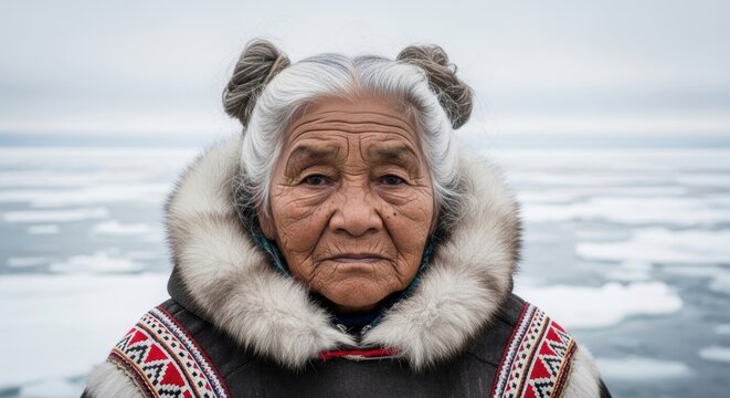Portrait of an elderly Inuit woman, arctic regions, traditional hairstyle with white hair in buns, happy and wrinkled face, serene