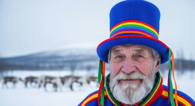 Portrait of an elderly S&aacute;mi woman, Lapland, wearing a colorful g&aacute;kti headscarf and large ceremonial silver jewelry, sweet and gentle expression