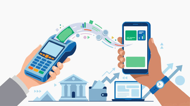 Digital payment transaction with smartphone and credit card terminal showing money transfer and financial growth vector
