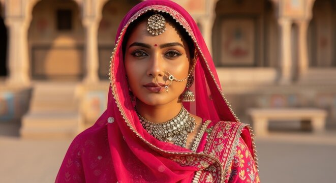Rajasthani woman in pink lehenga with traditional borla and nath jewelry