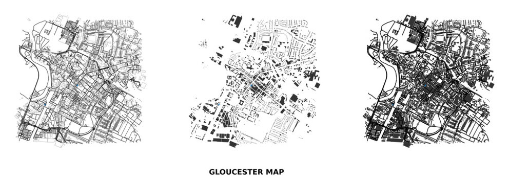 Urban morphology analysis maps of gloucester city center showing street networks and building footprints