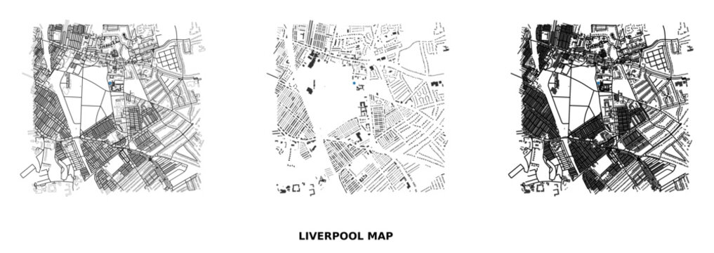 Urban morphology map of liverpool showing street network, building footprints, and combined layout