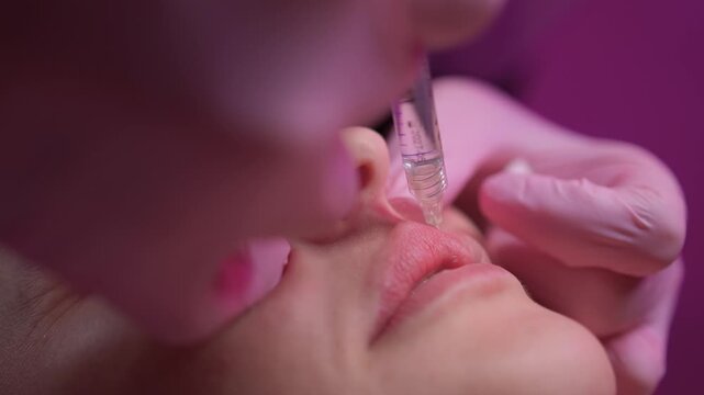 Awaiting cosmetic enhancement. Woman prepares for lip procedure. Patient readies for lip augmentation treatment. Caucasian woman in sterile environment before lip injections