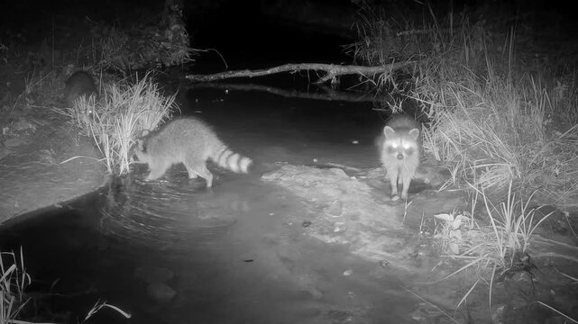 Three tiny, adorable raccoon babies looking for food in a small creek on a late summer night