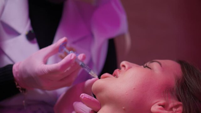 Awaiting cosmetic enhancement. Woman prepares for lip procedure. Patient readies for lip augmentation treatment. Caucasian woman in sterile environment before lip injections