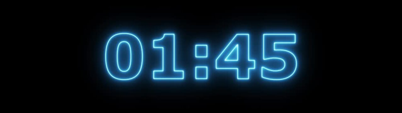 Neon 1 minute 55 second countdown animation from 105 seconds to 0 seconds on a transparent background, Neon One minute 55 second countdown timer with alpha channel 