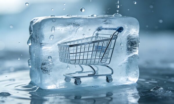 Metaphor for economic stagnation a miniature shopping cart encased in a melting ice block, symbolizing a downturn in consumer spending and a frozen market