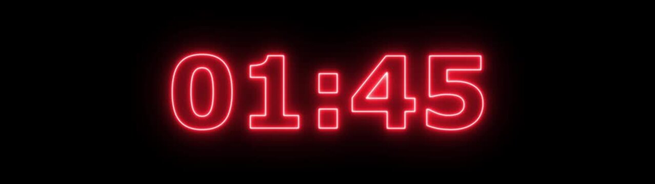 Neon 1 minute 55 second countdown animation from 105 seconds to 0 seconds on a transparent background, Neon One minute 55 second countdown timer with alpha channel 