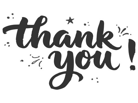 Black hand lettered thank you typography with ink splatters and star. Thank you. Handwritten lettering phrases with modern design.